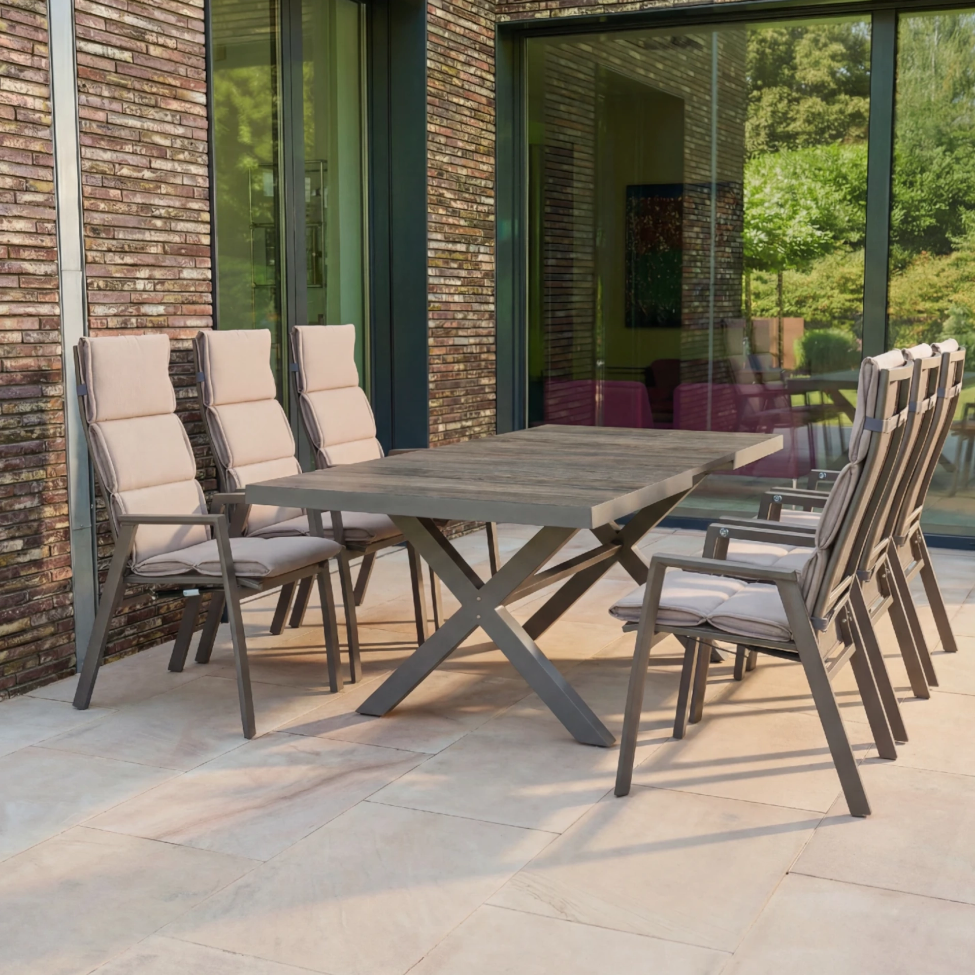 SINCRO/VALENCIA Gartenmöbel Set | 6 Sitzplätze | washed grey / matt taupe | inkl. Auflage