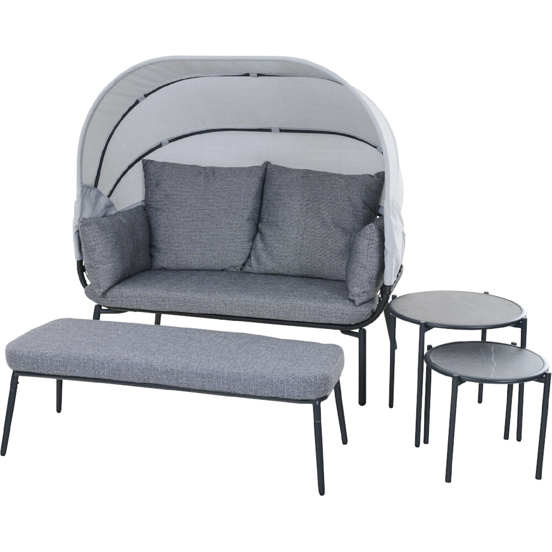 BALI Loungeset | 2er Bank + Fußablage + 2 Tische | silber grau / anthrazit