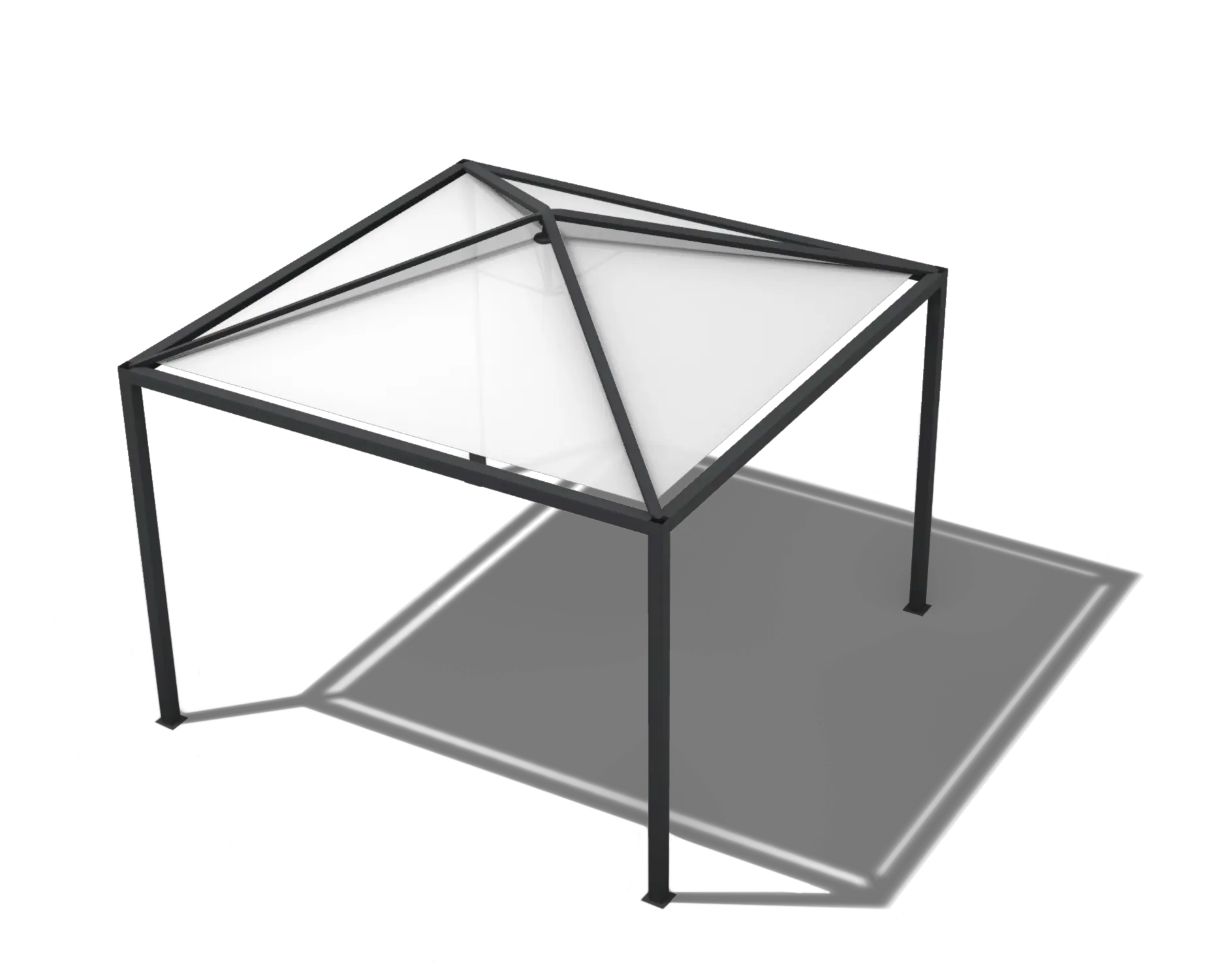 Pergola mit spitzem Dach mit Stoff-Bespannung und dunklem Metallrahmen.