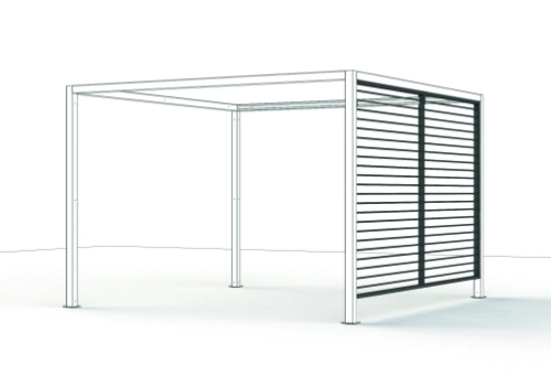 Linienzeichnung eines Pergola-Gestells, mit hervorgehobener seitlicher Lamellen-Blende aus Aluminium als Sicht- und Windschutz.
