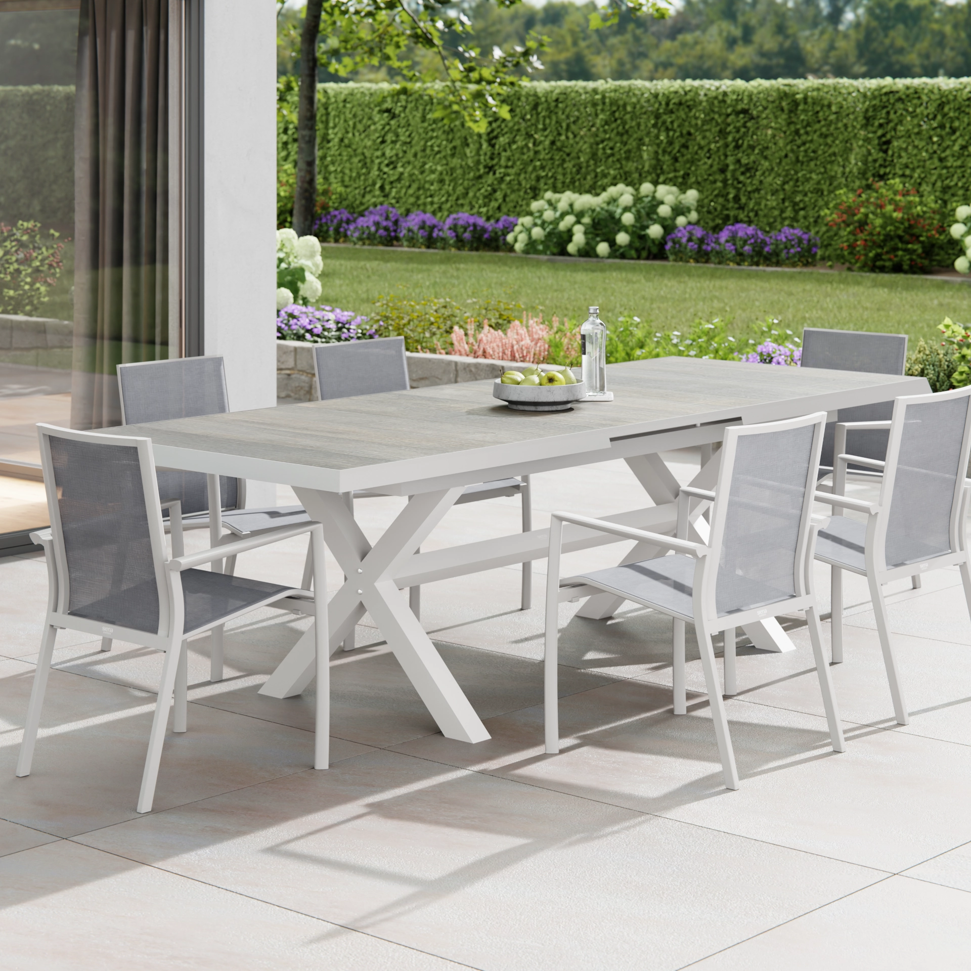 Gartenmöbelset Sincro + 6 x Velia Stapelsessel matt weiß-grau