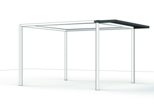 Linienzeichnung eines Pergola-Gestells, mit hervorgehobener Dacherweiterung an einer Seite.