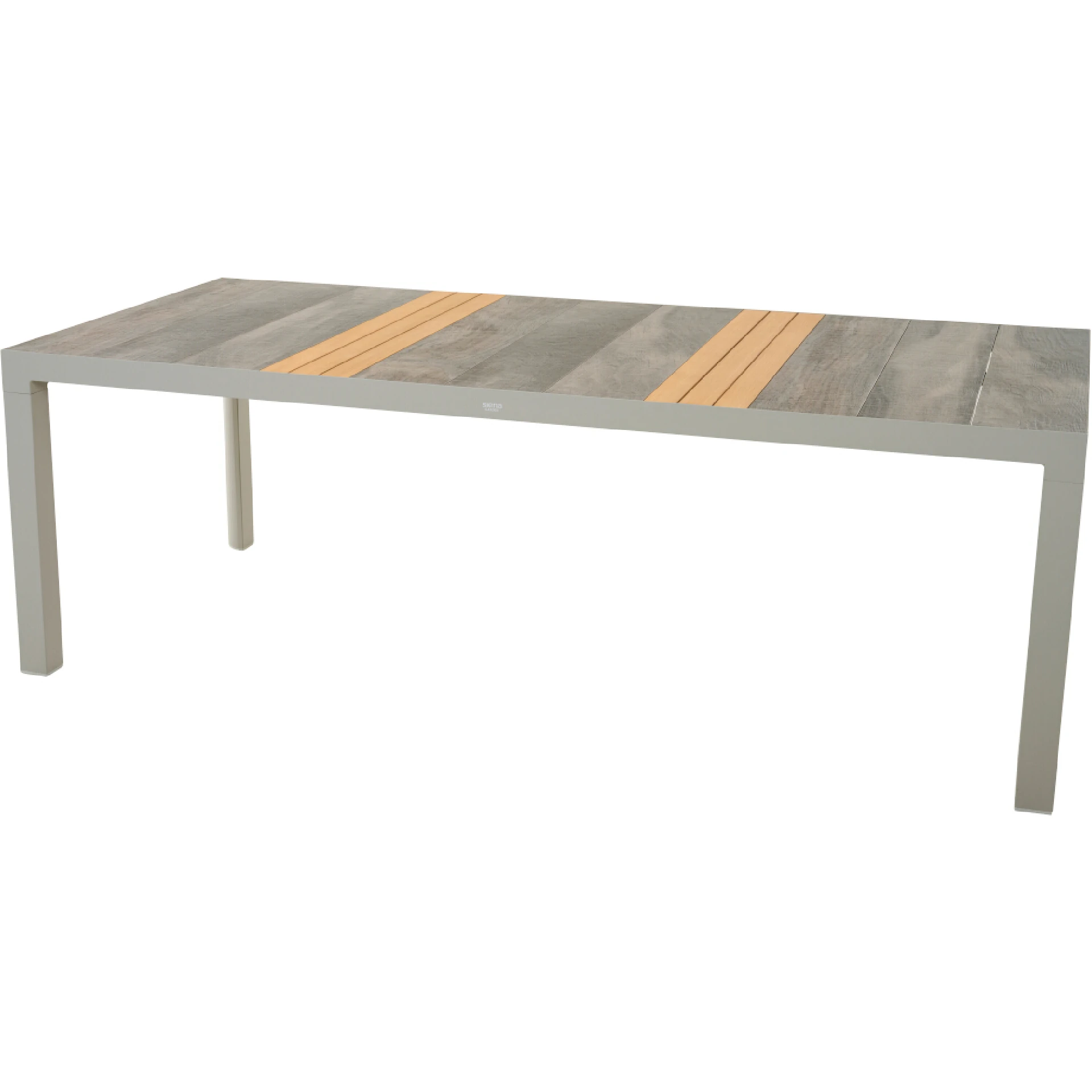 LINDOS Gartentisch | 220 x 100 cm | Keramik washed-grey mit Inlay aus Teak FSC® 100 %