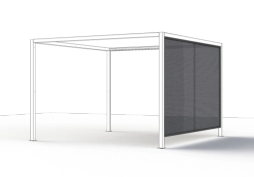 Linienzeichnung eines Pergola-Gestells, mit hervorgehobener seitlicher Blende aus Textil-Gewebe als Sicht- und Windschutz.