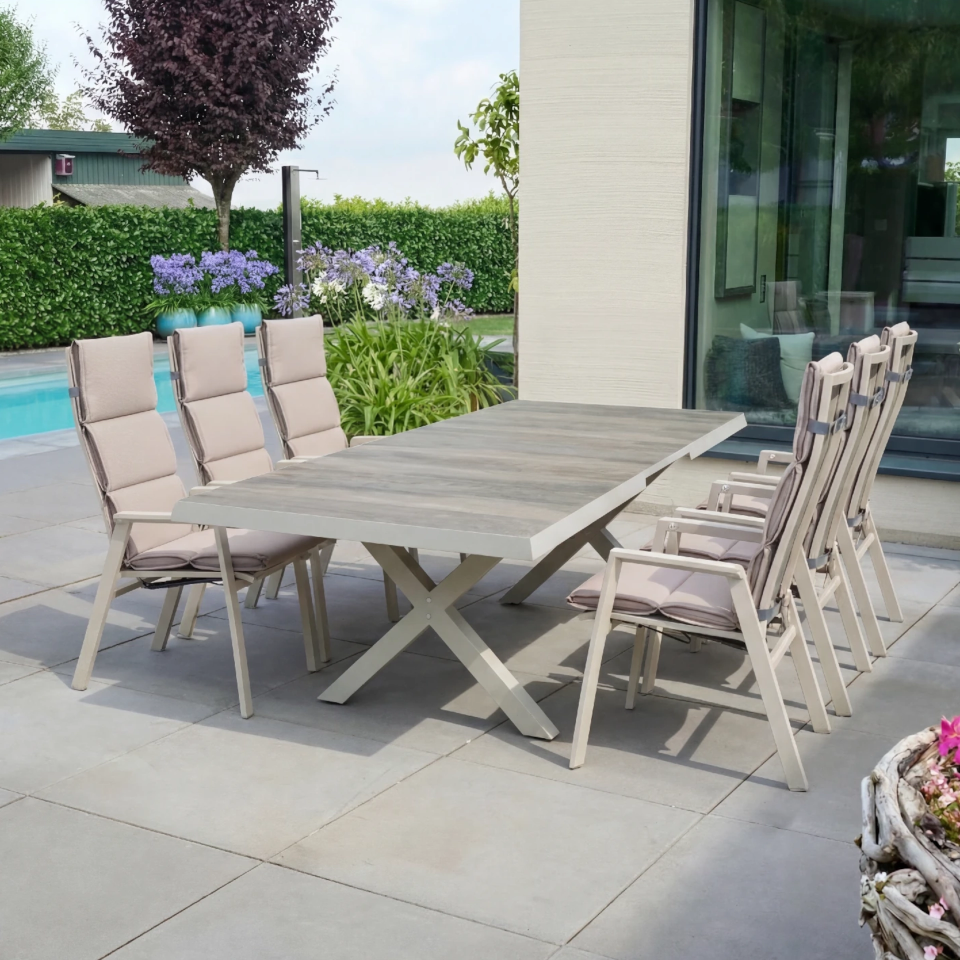 SINCRO/VALENCIA Gartenmöbel Set | 6 Sitzplätze | washed grey / matt seidengrau | inkl. Auflage