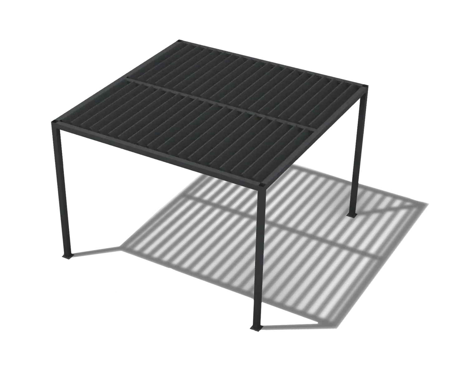 Pergola mit geschlossenem Lamellendach aus dunklem Metall, das einen klaren Schatten auf den Boden wirft.