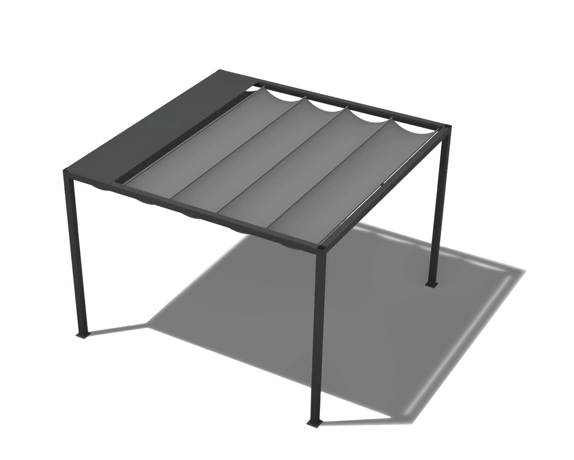 Pergola mit ausgefahrenem Faltdach aus Stoff, das als Sonnenschutz über der offenen Konstruktion gespannt ist.