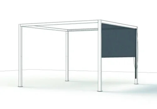 Linienzeichnung eines Pergola-Gestells, mit hervorgehobenem seitlichen Roll-Up aus Textil-Gewebe als Sicht- und Windschutz.