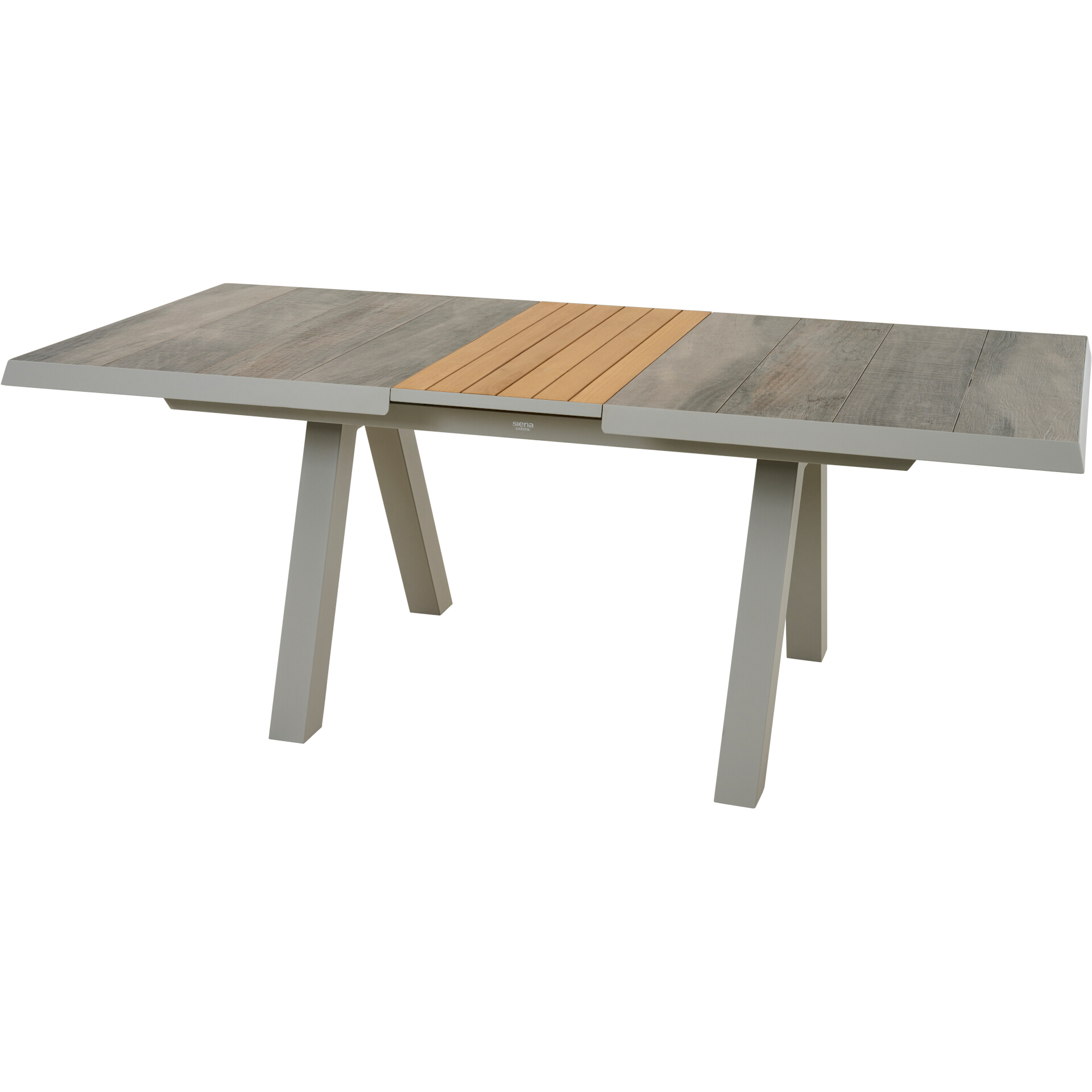 LINDOS Gartentisch ausziehbar | 160/200 x 90 cm | Keramik washed-grey mit Inlay aus Teak FSC® 100 %