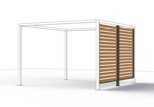 Linienzeichnung eines Pergola-Gestells, mit hervorgehobener seitlicher Lamellen-Blende in Holzoptik als Sicht- und Windschutz.