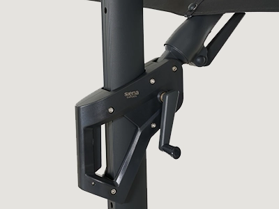 Detailaufnahme der N Plus Funktion mit schwarzer Kurbel- und Hebelmechanik an einem Ampelschirmmast.